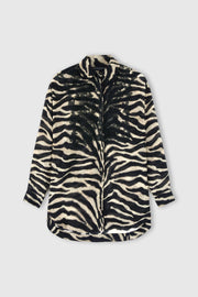 CAMICIA OVER IN COTONE E SETA CON STAMPA ZEBRATA E PIZZO REBRODÉ