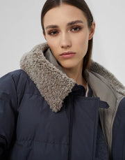 WATER-REPELLENT TAFFETA DOWN JACKET WITH HOOD AND SHEARLING INSERT AND MONILE