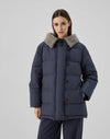 WATER-REPELLENT TAFFETA DOWN JACKET WITH HOOD AND SHEARLING INSERT AND MONILE