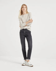 PANTALONE SLIM IN DENIM STRETCH CON SHINY LEATHER TAB