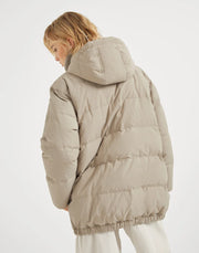 WATER-REPELLENT TECHNO COTTON CANVAS DOWN JACKET WITH HOOD AND SHINY ZIPPER PULL