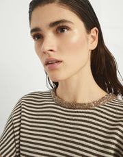 T-SHIRT IN MAGLIA DI COTONE A RIGHE CON DAZZLING COLLAR INSERT