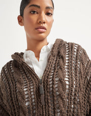 CARDIGAN CABLE & MESH IN JUTA E COTONE CON CAPPUCCIO E SHINY ZIPPER PULL