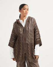 CARDIGAN CABLE & MESH IN JUTA E COTONE CON CAPPUCCIO E SHINY ZIPPER PULL