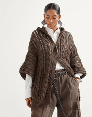 CARDIGAN CABLE & MESH IN JUTA E COTONE CON CAPPUCCIO E SHINY ZIPPER PULL
