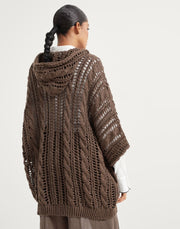 CARDIGAN CABLE & MESH IN JUTA E COTONE CON CAPPUCCIO E SHINY ZIPPER PULL
