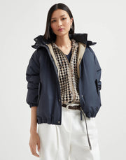 PIUMINO IN TAFFETÀ IDROREPELLENTE DI COTONE TECHNO CON CAPPUCCIO STACCABILE E SHINY ZIPPER PULL