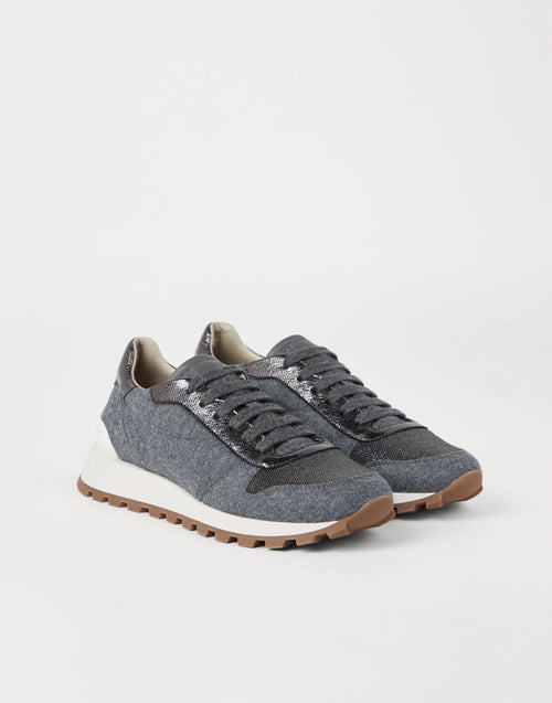RUNNERS IN FLANELLA DI LANA VERGINE E VITELLO LAMÉ CON PRECIOUS TOE