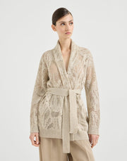 CARDIGAN DAZZLING WATER LILLIES IN LINO E COTONE CON CINTURA