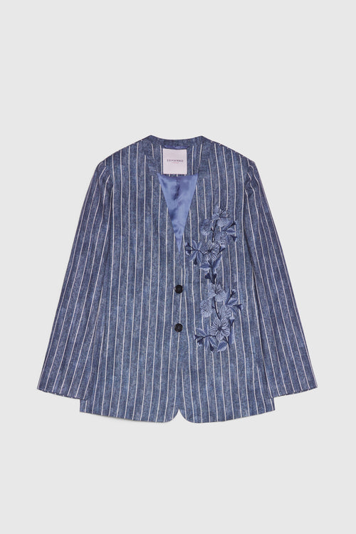 GIACCA BLAZER SCOLLO A V IN LINO GESSATO STAMPA DENIM CON RICAMO