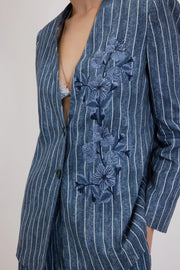 GIACCA BLAZER SCOLLO A V IN LINO GESSATO STAMPA DENIM CON RICAMO