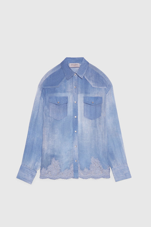 CAMICIA IN GEORGETTE STAMPA DENIM CON PIZZO