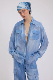 CAMICIA IN GEORGETTE STAMPA DENIM CON PIZZO