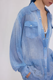 CAMICIA IN GEORGETTE STAMPA DENIM CON PIZZO