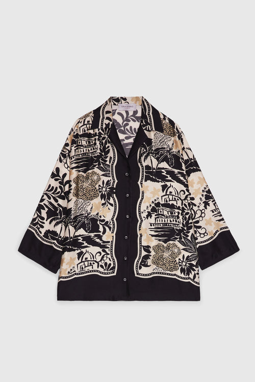CAMICIA PIGIAMA IN RASO DI VISCOSA CON STAMPA TROPICALE A FOULARD