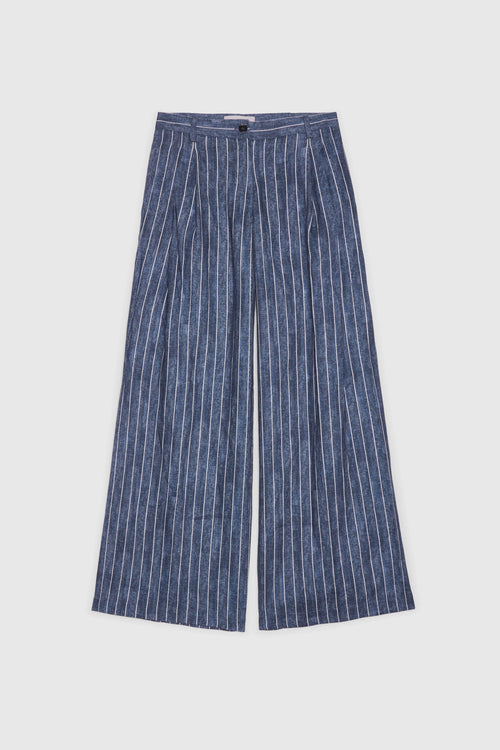 PANTALONI AMPI IN LINO GESSATO STAMPA DENIM