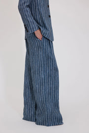 PANTALONI AMPI IN LINO GESSATO STAMPA DENIM