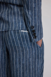 PANTALONI AMPI IN LINO GESSATO STAMPA DENIM