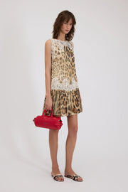 ABITO CORTO IN GEORGETTE STAMPA ANIMALIER CON PIZZO