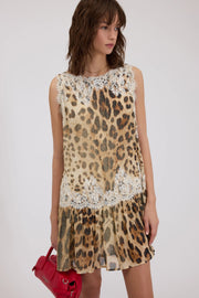 ABITO CORTO IN GEORGETTE STAMPA ANIMALIER CON PIZZO