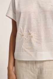 T-SHIRT IN LINO COTONE  CON RICAMO FLOREALE
