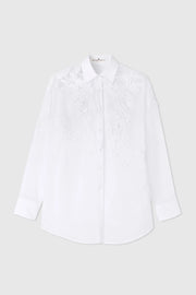 CAMICIA OVER IN MUSSOLA DI COTONE CON RICAMO FLOREALE REALIZZATO A MANO IN FETTUCCIA