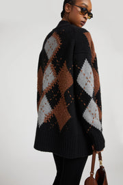 CARDIGAN IN CASHMERE CON MOTIVO ARGYLE IN TONALITÀ A CONTRASTO