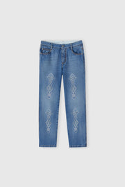 Jeans cinque tasche in denim con microcristalli