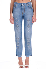 Jeans cinque tasche in denim con microcristalli