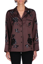 CAMICIA A PIGIAMA IN RASO CON FIORI DI PAILLETTES
