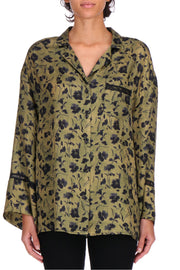 CAMICIA A PIGIAMA IN RASO CON STAMPA A FIORI NERI