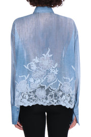 CAMICIA OVER STAMPA DENIM CON PIZZO