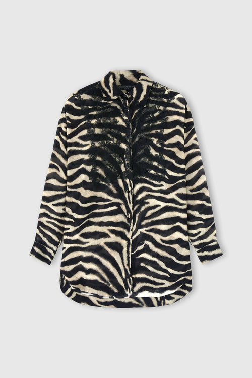 OVERSIZED SHIRT IN COTTON AND SILK WITH ZEBRA PRINT AND LACE TRIM