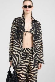 OVERSIZED SHIRT IN COTTON AND SILK WITH ZEBRA PRINT AND LACE TRIM