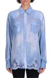 CAMICIA IN GEORGETTE STAMPA DENIM CON PIZZO