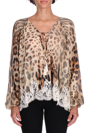 BLUSA IN GEORGETTE STAMPA ANIMALIER CON PIZZO