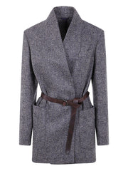 GIACCA IN TWEED CHEVRON DI LANA VERGINE CON MONILE E CINTURA