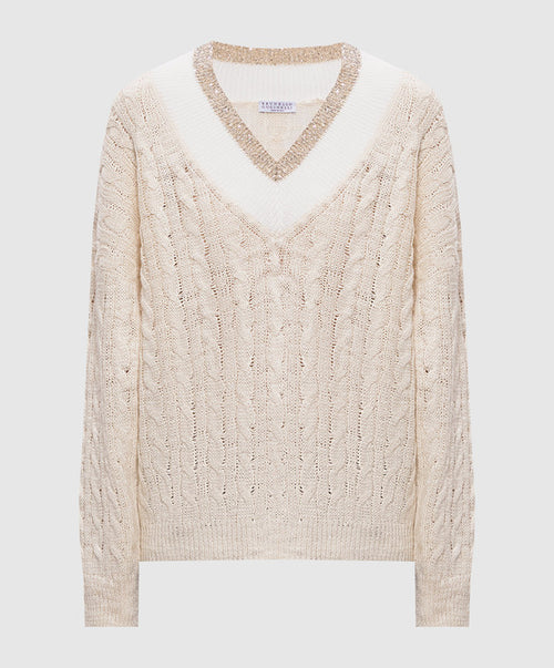 MAGLIA SCOLLO V CON TRECCE IN CANAPA SETA COTONE