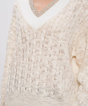 MAGLIA SCOLLO V CON TRECCE IN CANAPA SETA COTONE