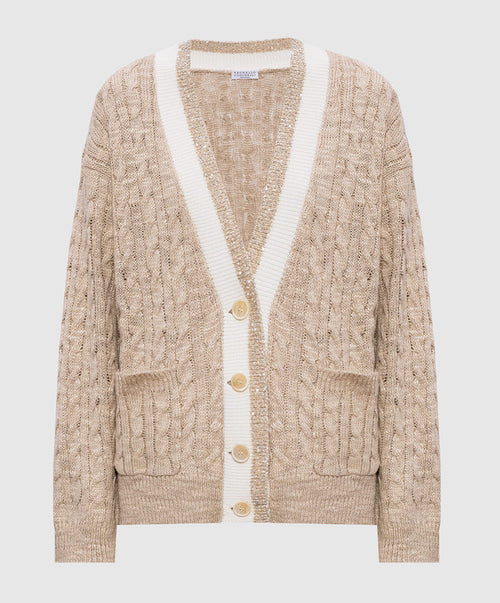 CARDIGAN SCOLLO A V CON TRECCE IN CANAPA SETA COTONE