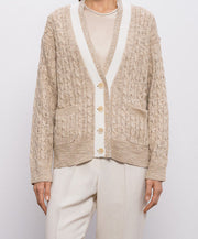 CARDIGAN SCOLLO A V CON TRECCE IN CANAPA SETA COTONE