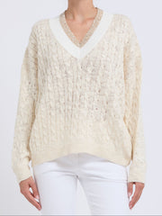 MAGLIA SCOLLO V CON TRECCE IN CANAPA SETA COTONE